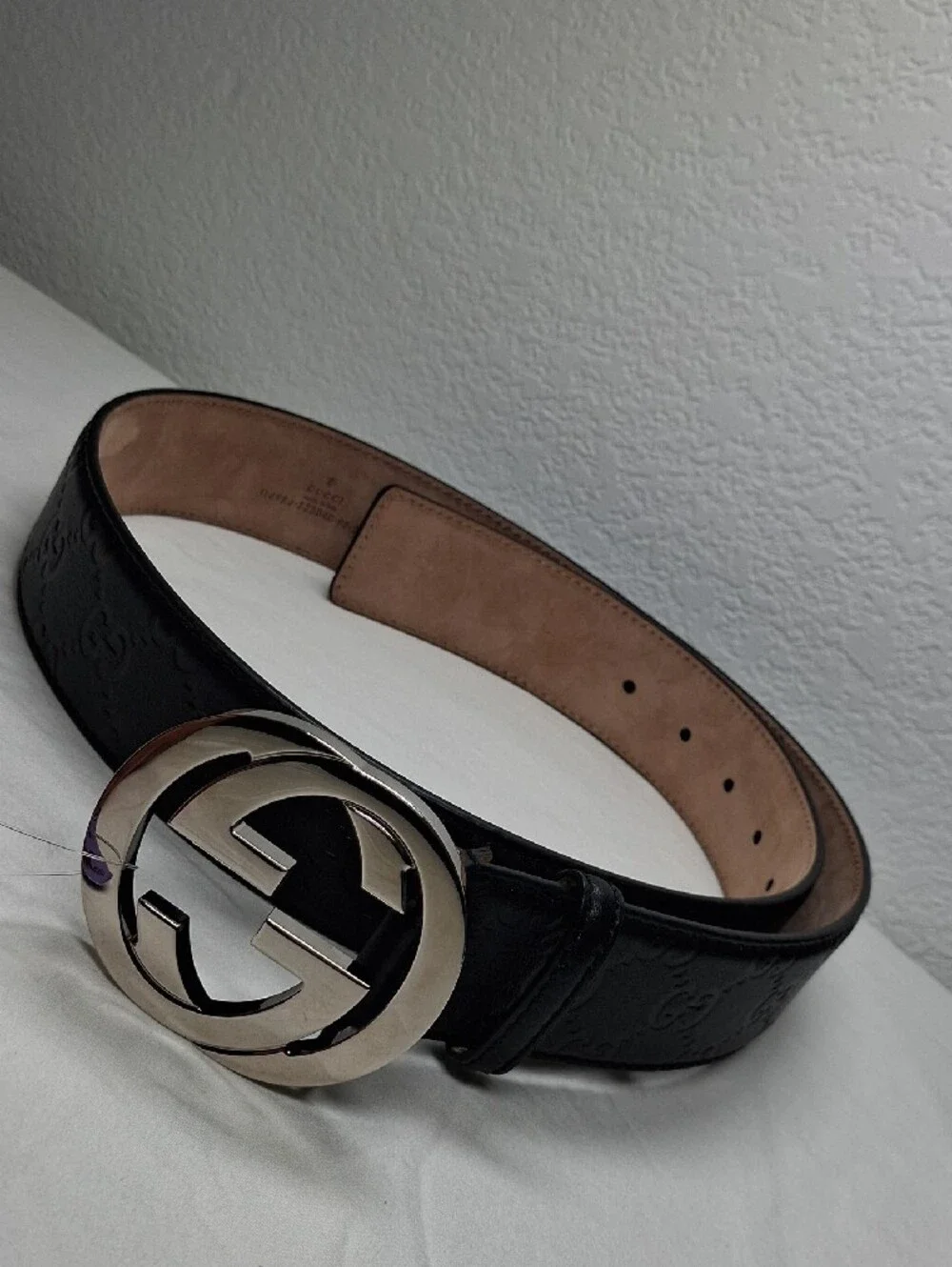 Gucci Black Leather Belt with Silver Interlocking GG Buckle